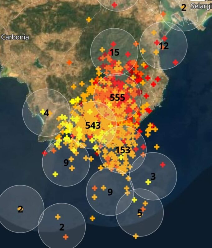 Sulcitana sotto la tempesta: oltre 1300 fulmini in due ore