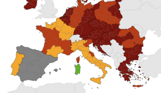 Mappa dei contagi, la Sardegna è l’unica regione verde in Europa