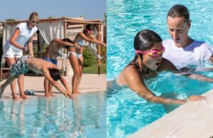 San Teodoro, Pellegrini dà lezioni di nuoto a un gruppo di bambini