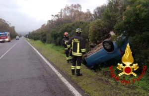 Cuglieri, auto sbanda per la pioggia e si ribalta fuori strada