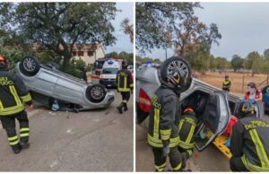 Olbia, incidente rocambolesco: veicolo finisce su due auto in sosta e si ribalta