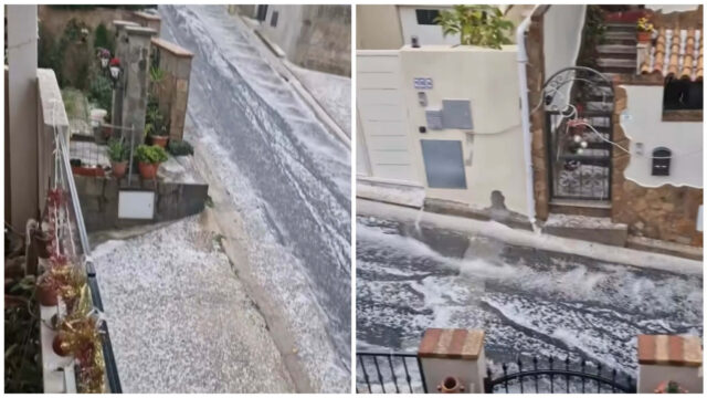 Villasimius, la grandine imbianca le strade | Video